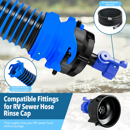 Leisure Coachworks RV Sewer Hose Rinse Cap for 3 Inch Sewer Hose with Shutoff Valve (Black)