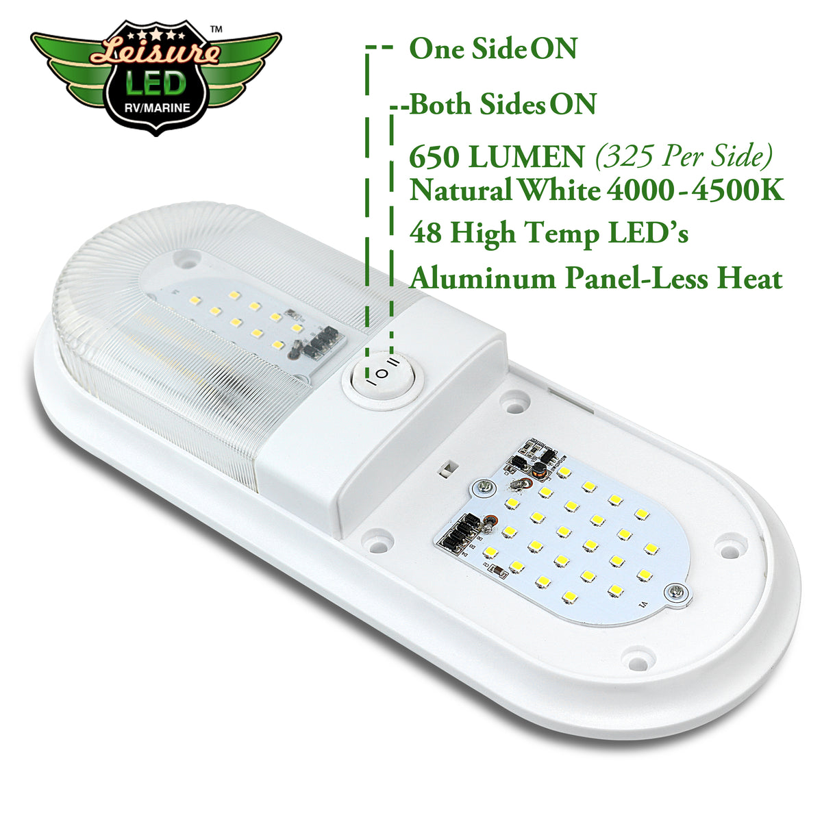 Leisure LED 12V RV LED Double Dome Light Oval Natural White On Off Switch Clear Lens 11 Inch (White)