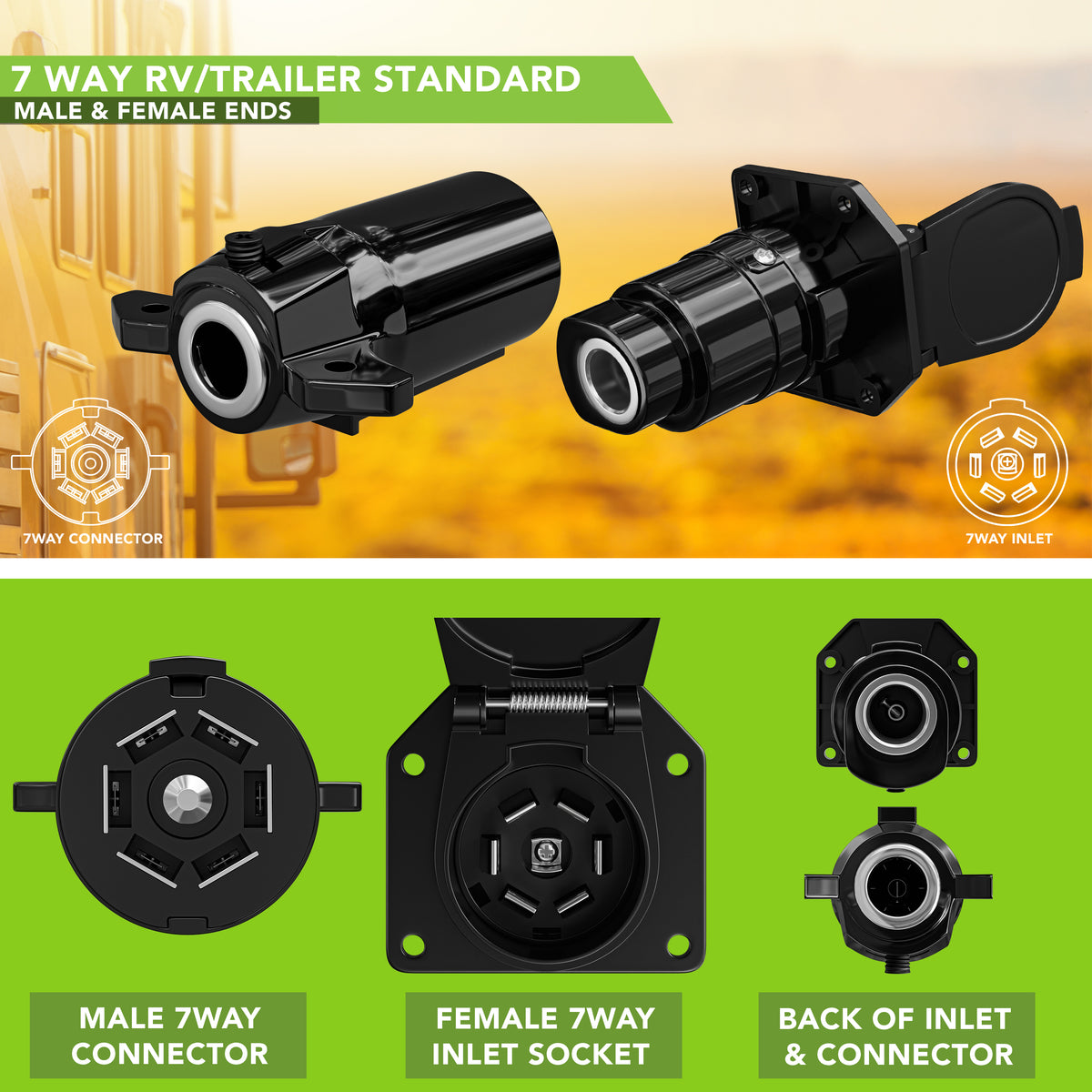 Leisure Cords 7 Way Inline Trailer Replacement 7 Pole Plug and Inlet Socket Splice Kit 4 Inch (Black)