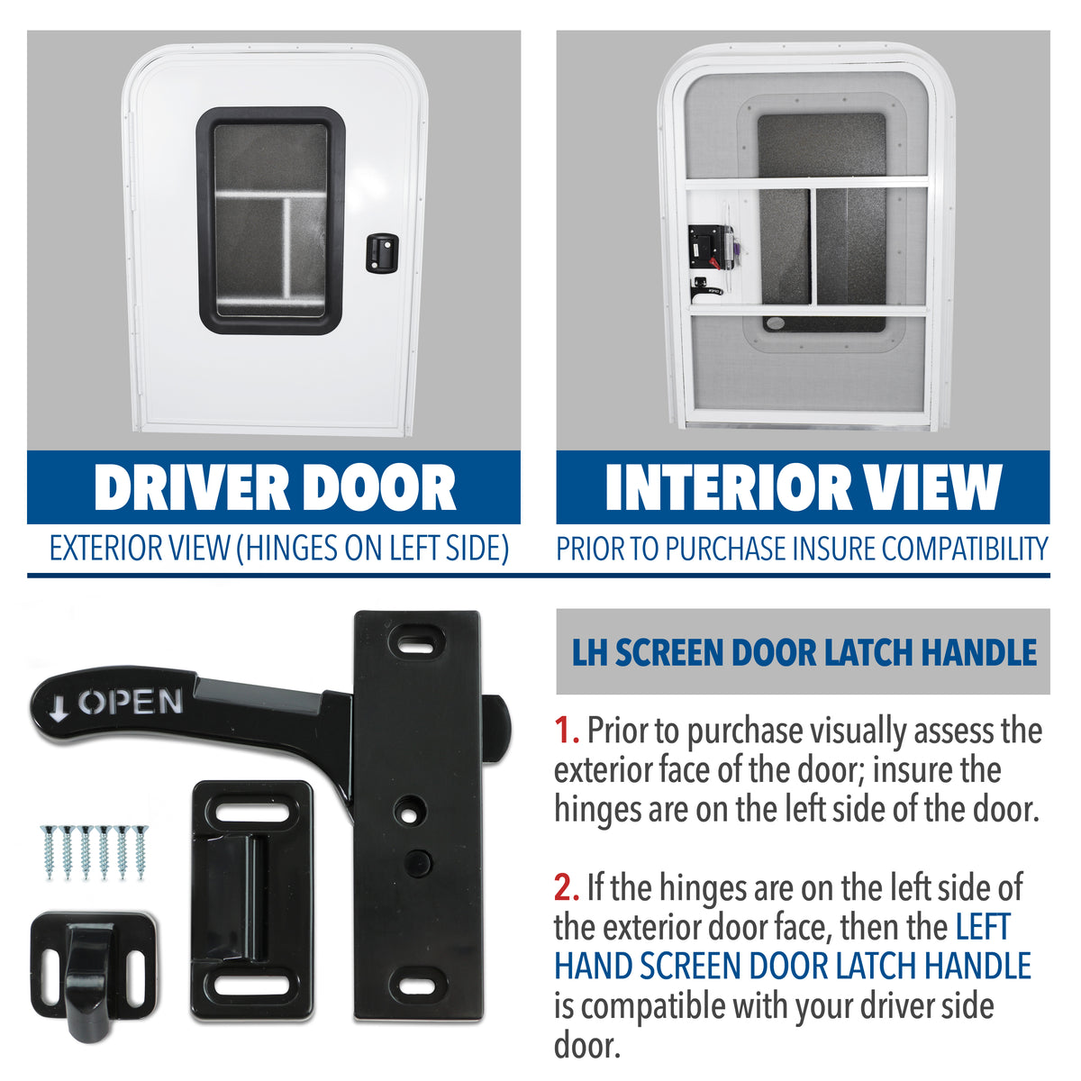 Leisure Coachworks RV Screen Door Latch with Handle Kit Left Hand Side 3 Inch (Black)