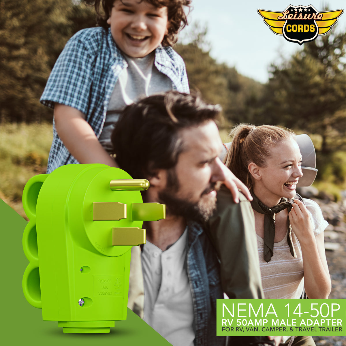 Leisure Cords 50AMP RV Replacement Plug 90 Degree Handle Standard NEMA 14-50P 4 Inch (Green)