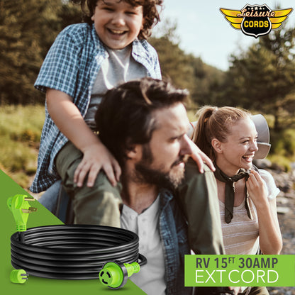 Leisure Cords 30AMP RV Extension Cord Twist Locking 15 Foot (Green)