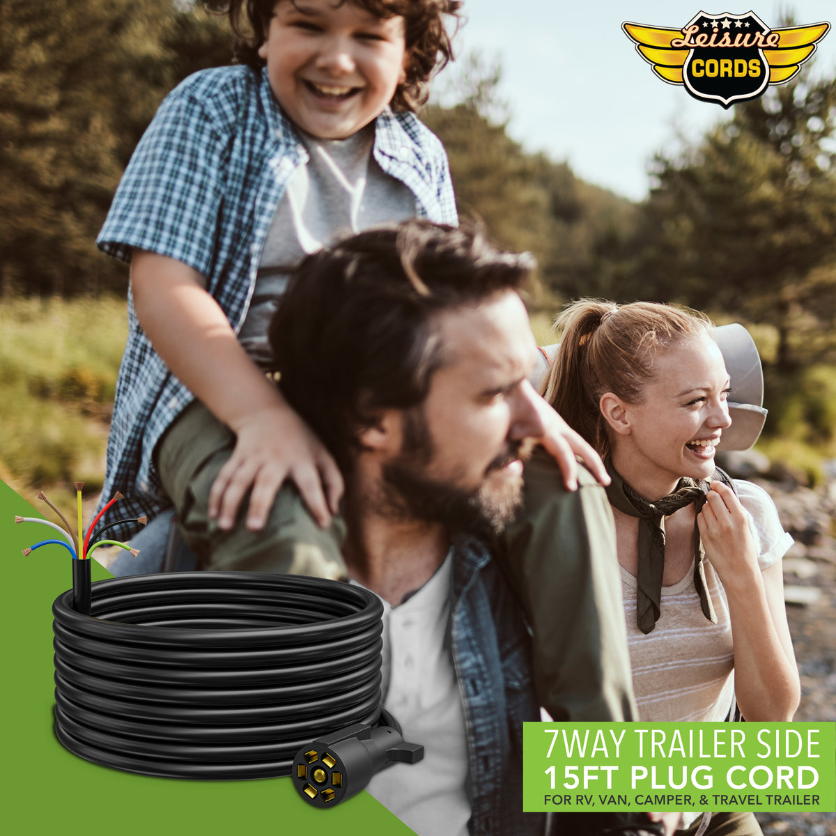 Leisure Cords 7 Way Inline Trailer Plug Extension Cord Wiring Harness 15 Feet (Black)