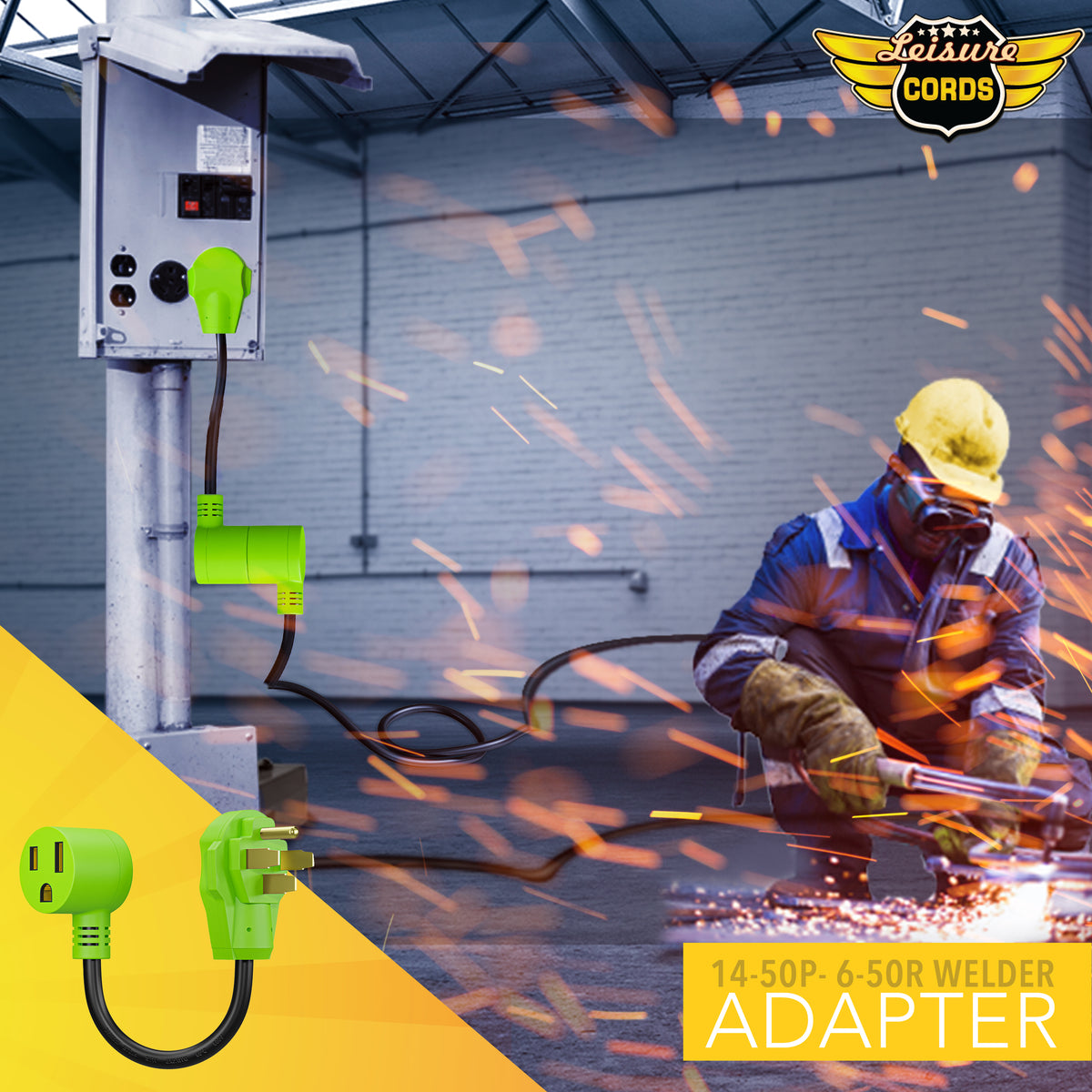 Leisure Cords 50AMP RV Dogbone Adapter Cord Welder NEMA 14-50P to 6-50R 12 Inch (Green)