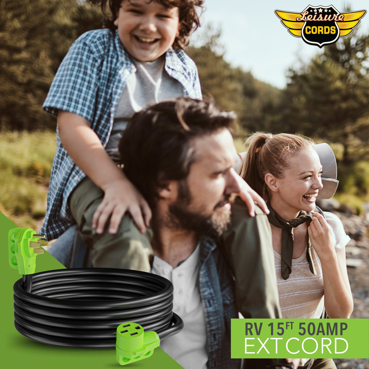 Leisure Cords 50AMP RV Extension Cord Standard 15 Foot (Green)