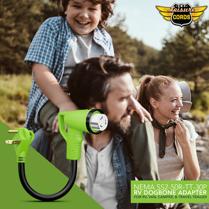 Leisure Cords 50AMP RV Dogbone Adapter Cord 90 Degree Handles Twist Locking NEMA TT-30P to SS2-50R 12 Inch (Green)