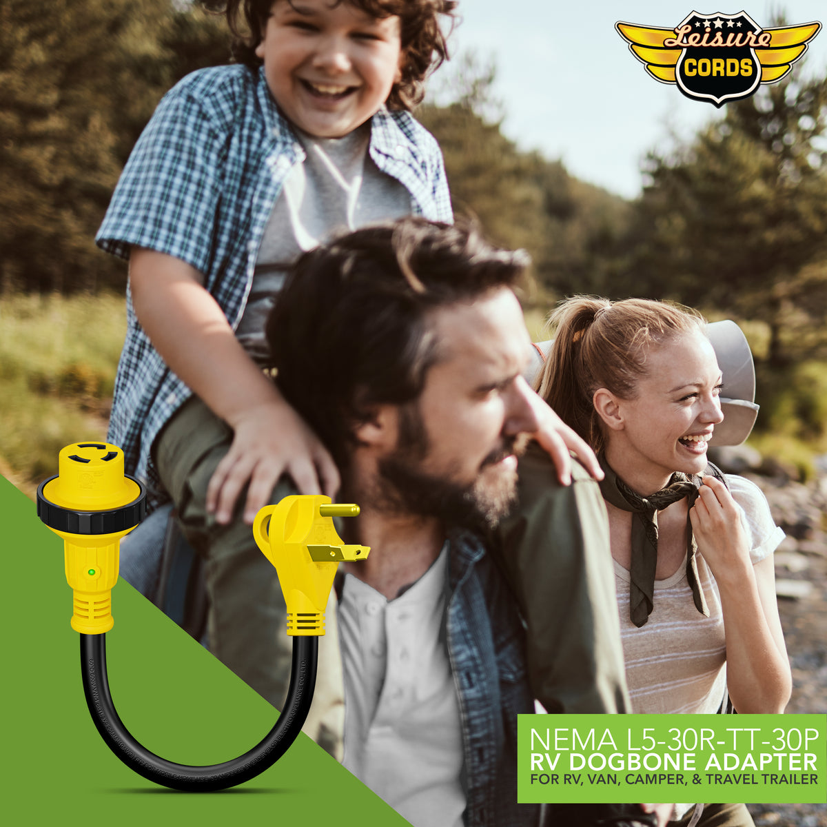 Leisure Cords 30AMP RV Dogbone Adapter Cord Twist Locking NEMA TT-30P to L5-30R 12 Inch (Yellow)