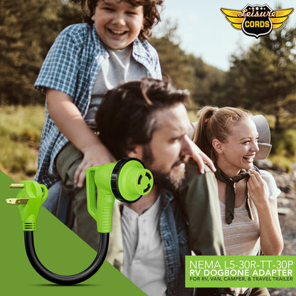Leisure Cords 30AMP RV Dogbone Adapter Cord 90 Degree Handles Twist Locking NEMA TT-30P to L5-30R 12 Inch (Green)