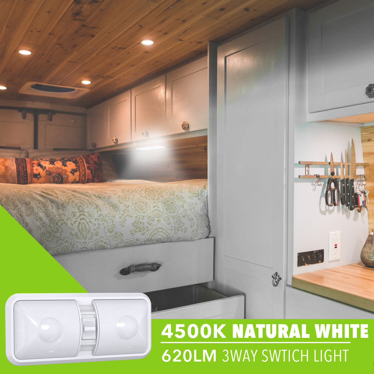 Leisure LED 12V RV LED Double Dome Light Natural White On Off Switch Frosted Lens 11 Inch (White)