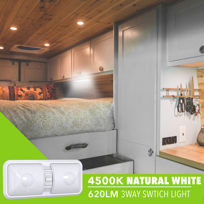 Leisure LED 12V RV LED Double Dome Light Natural White On Off Switch Frosted Lens 11 Inch (White)
