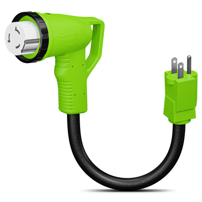 Leisure Cords 50AMP RV Dogbone Adapter Cord 90 Degree Handles Twist Locking NEMA 5-15P to SS2-50R 12 Inch (Green)