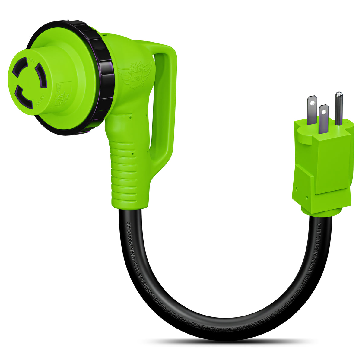 Leisure Cords 30AMP RV Dogbone Adapter Cord 90 Degree Handles Twist Locking NEMA 5-15P to L5-30R 12 Inch (Green)