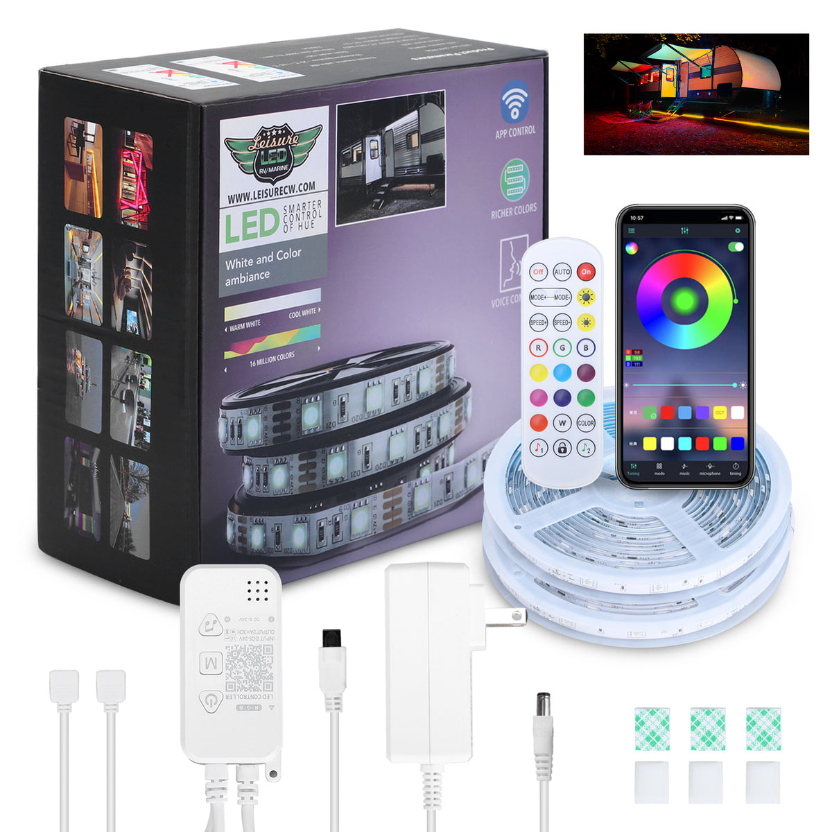 Leisure LED 12V RV Interior LED Strip Accent Lights Multi-Color Slide Remote and Phone App Control 32.8 Feet (White)