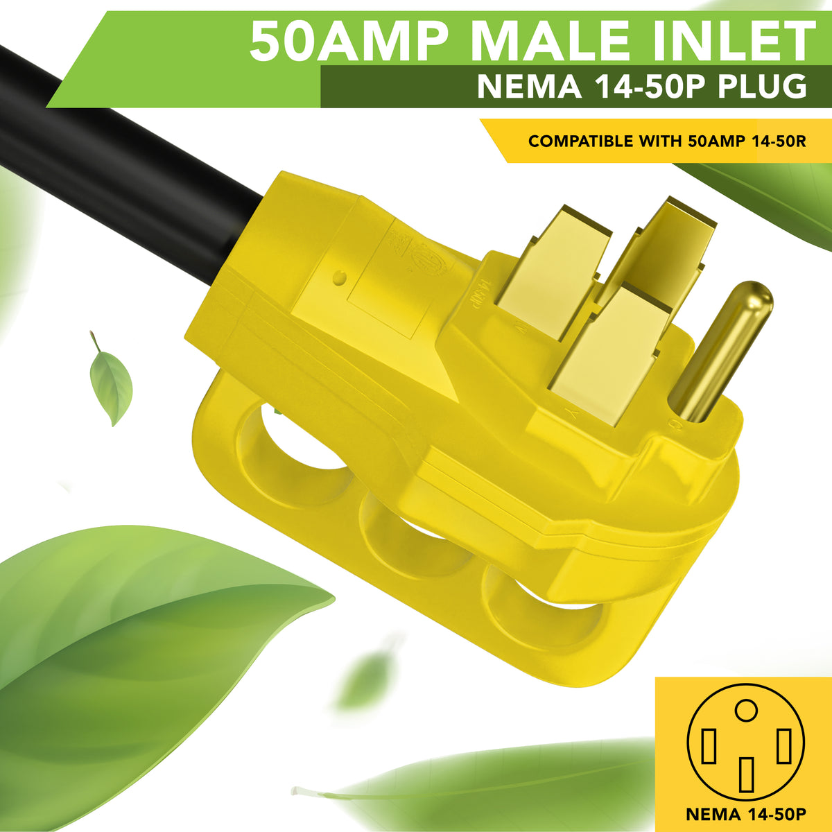 Leisure Cords 50AMP RV Dogbone Adapter Cord Standard NEMA 14-50P to TT-30R 12 Inch (Yellow)