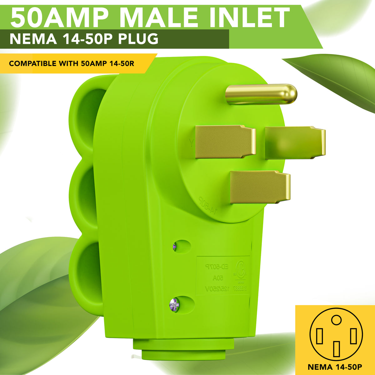 Leisure Cords 50AMP RV Replacement Plug 90 Degree Handle Standard NEMA 14-50P 4 Inch (Green)