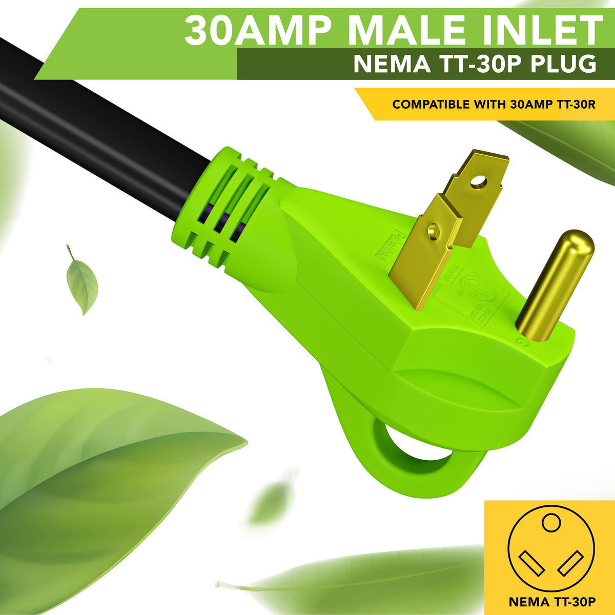 Leisure Cords 30AMP RV Extension Cord 90 Degree Handles Twist Locking Flat Cord Profile 50 Foot (Green)