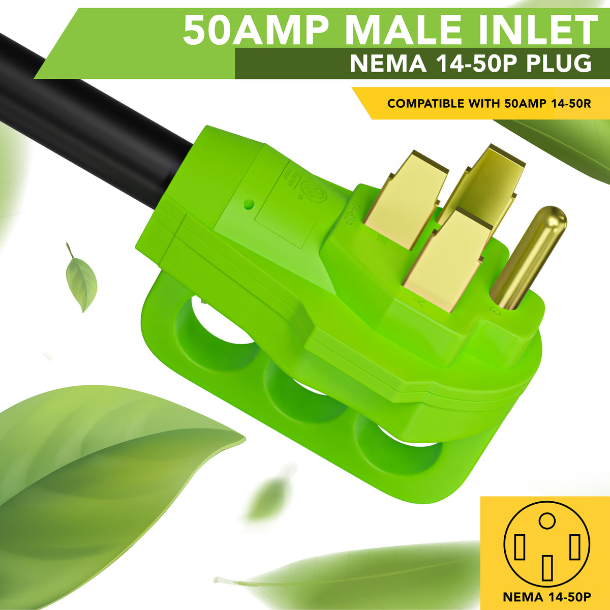 Leisure Cords 50AMP RV Dogbone Adapter Cord 90 Degree Handles Twist Locking NEMA 14-50P to SS2-50R 12 Inch (Green)