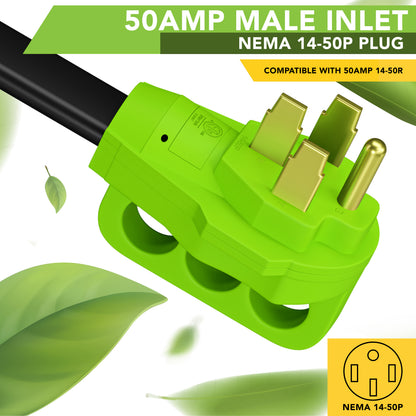 Leisure Cords 50AMP RV Extension Cord 90 Degree Handles Twist Locking Flat Cord Profile 36 Foot (Green)