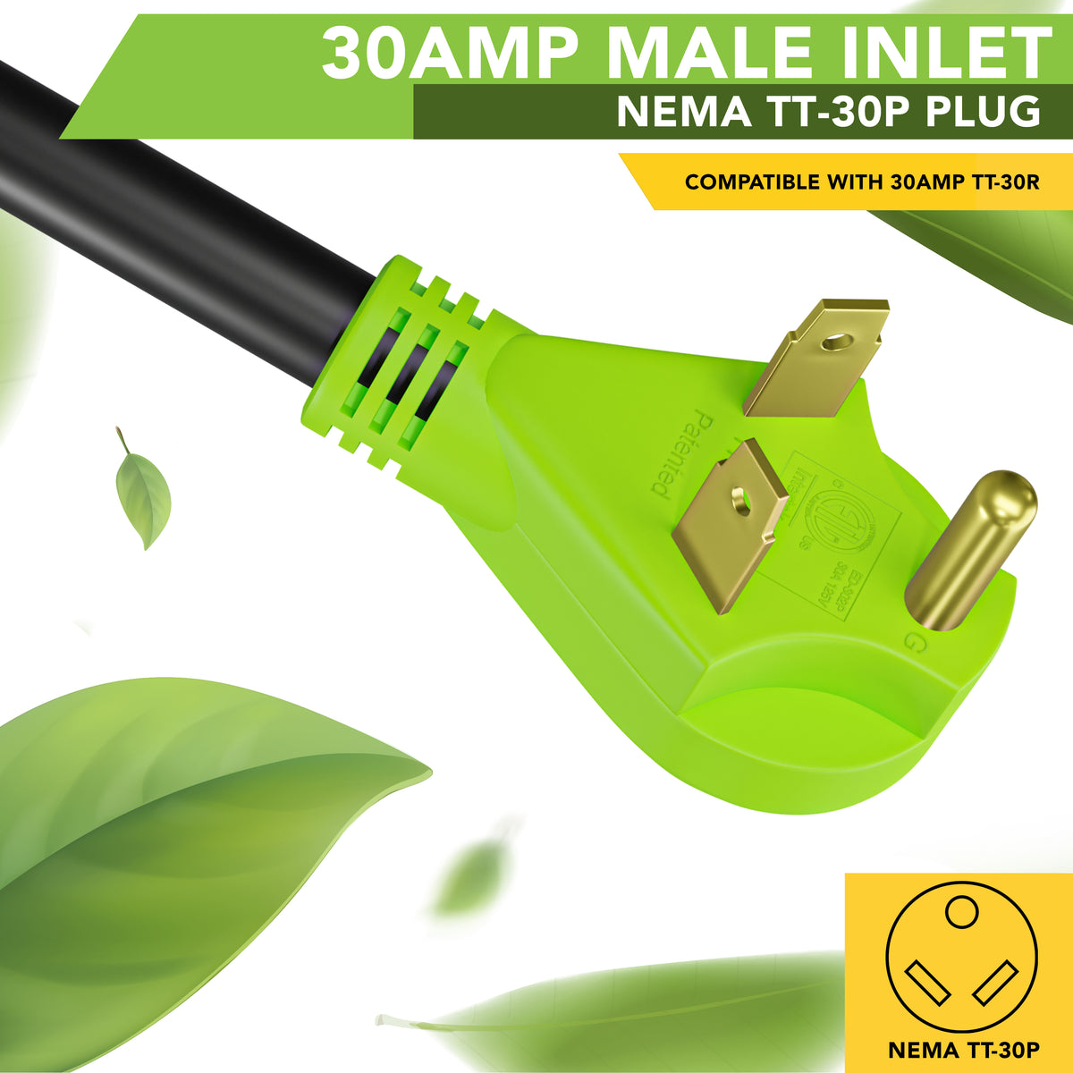 Leisure Cords 30AMP RV Extension Cord 90 Degree Handles Twist Locking 36 Foot (Green)