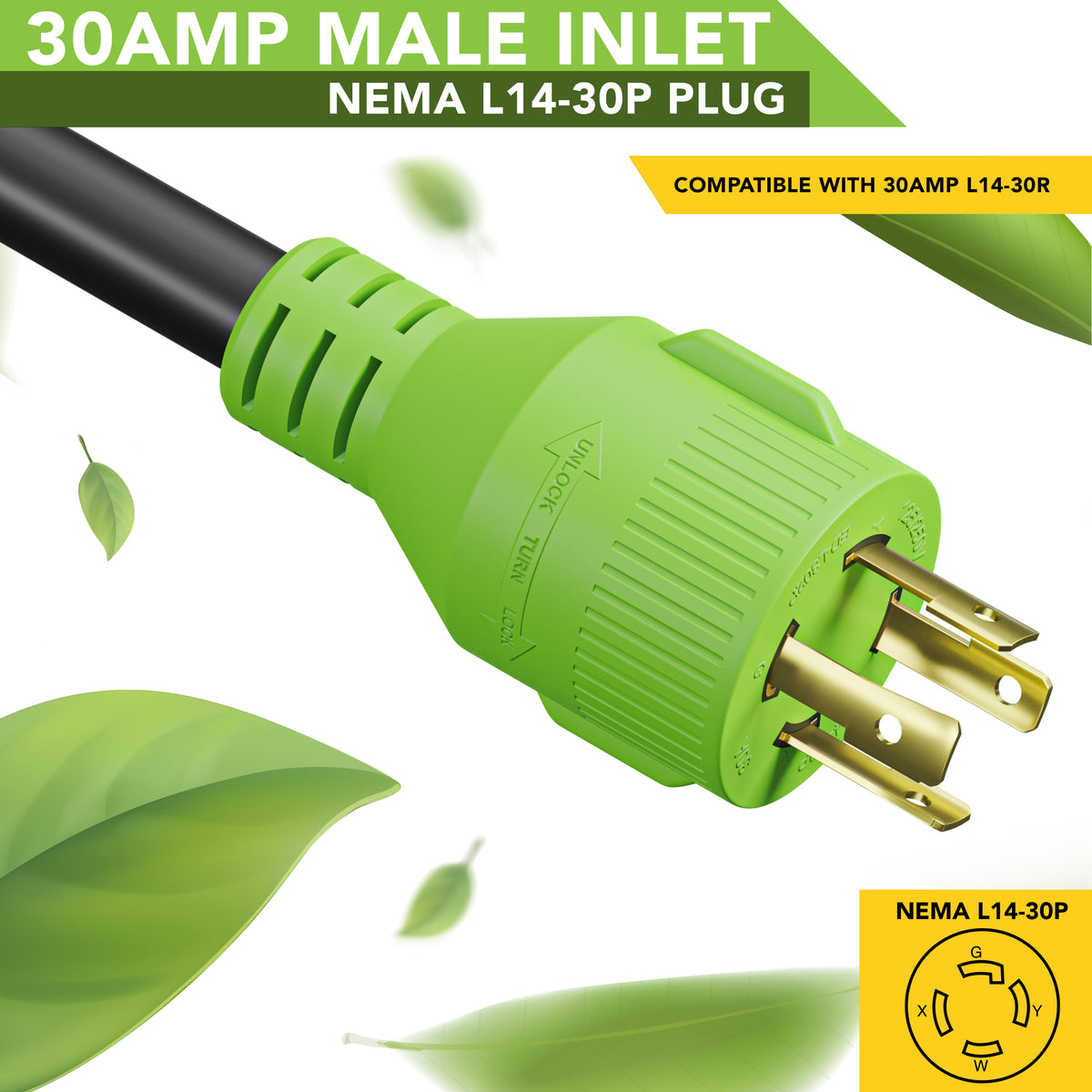 Leisure Cords 30AMP RV Generator Cord NEMA L14-30P to L14-30R 15 Foot (Green)