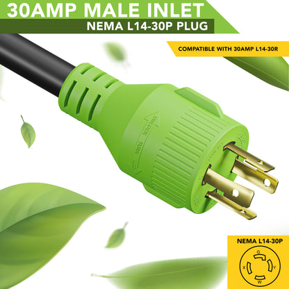 Leisure Cords 30AMP RV Generator Cord NEMA L14-30P to L14-30R 15 Foot (Green)