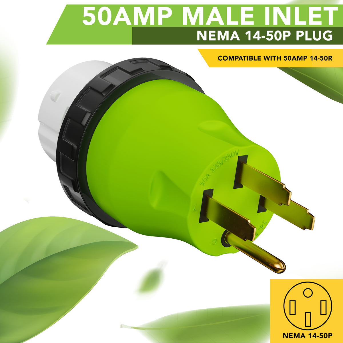 Leisure Cords 50AMP RV Electrical Adapter Twist Locking NEMA 14-50P to SS2-30R 5 Inch (Green)