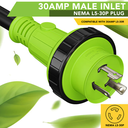 Leisure Cords 30AMP RV Dogbone Adapter Cord 90 Degree Handles Twist Locking Coupler NEMA L5-30P to L5-30R 12 Inch (Green)