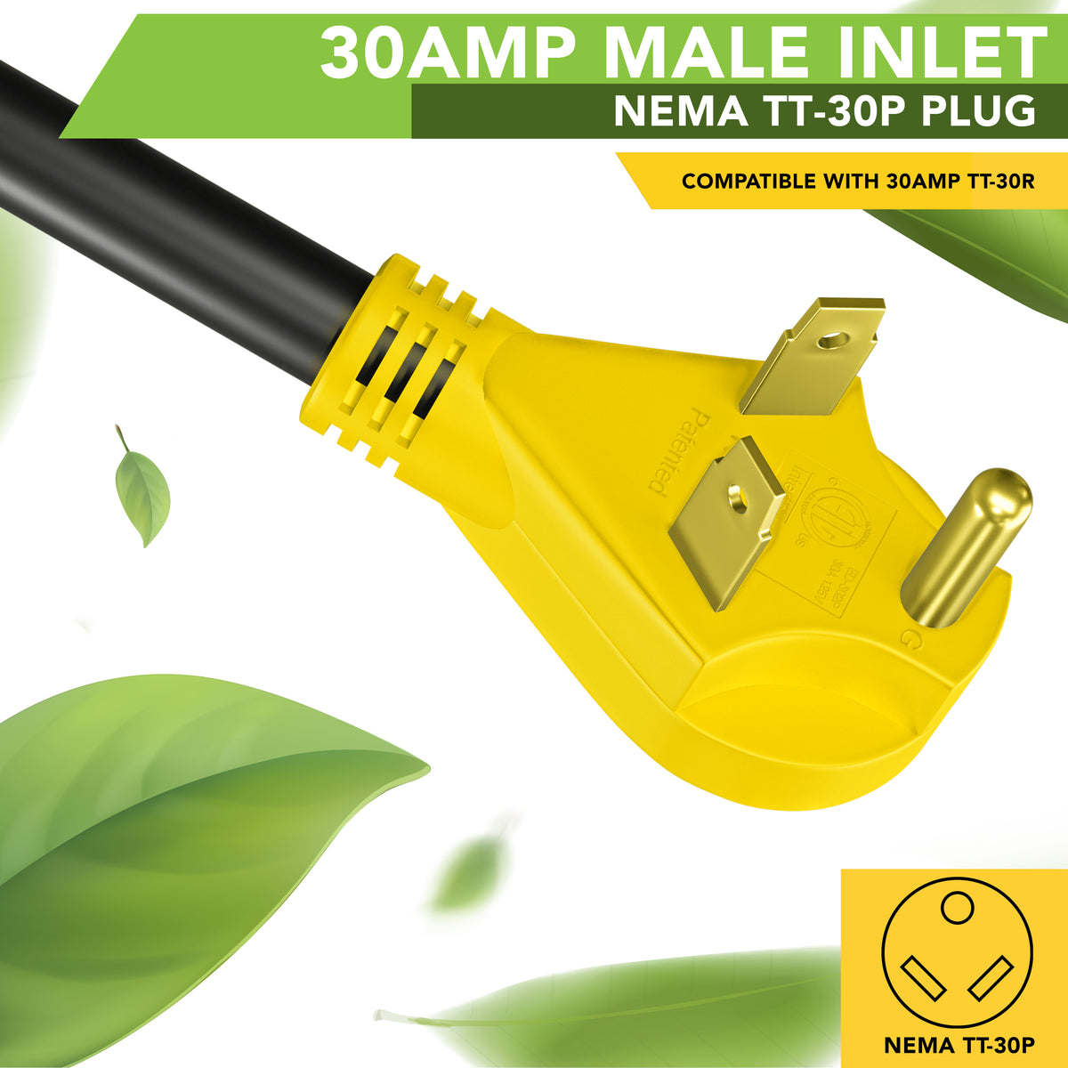 Leisure Cords 30AMP RV Dogbone Adapter Cord Twist Locking NEMA TT-30P to SS2-50R 12 Inch (Yellow)