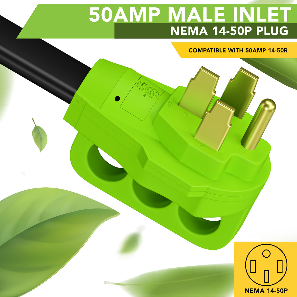 Leisure Cords 50AMP RV Extension Cord 90 Degree Handles Twist Locking Flat Cord Profile 15 Foot (Green)