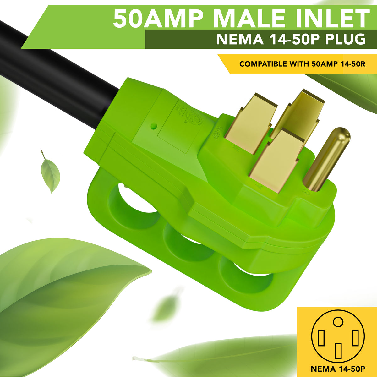 Leisure Cords 50AMP RV Y Adapter Cord 90 Degree Handle Standard NEMA 14-50P to TT-30R 24 Inch (Green)