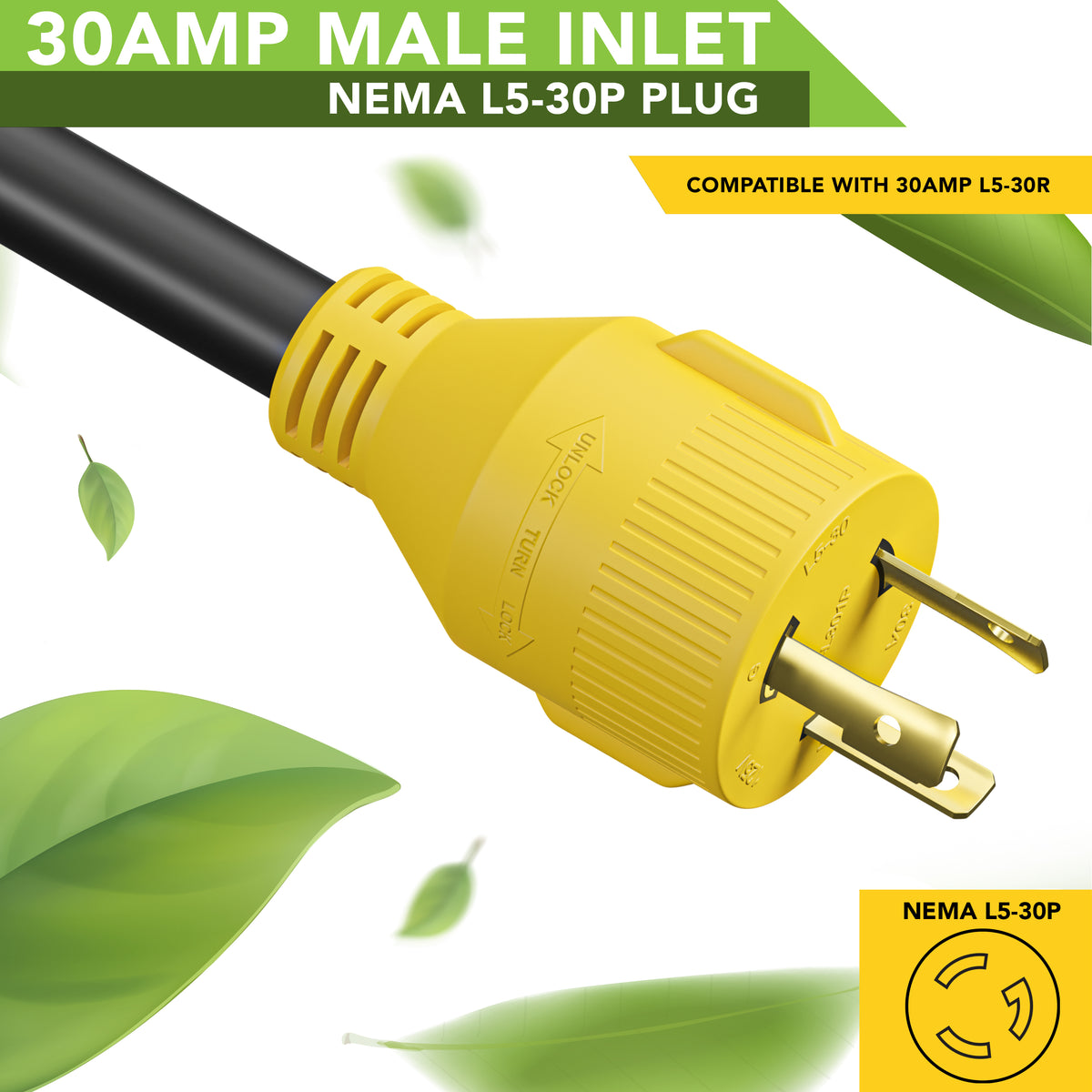 Leisure Cords 30AMP RV Generator Cord NEMA L5-30P to L5-30R 15 Foot (Yellow)