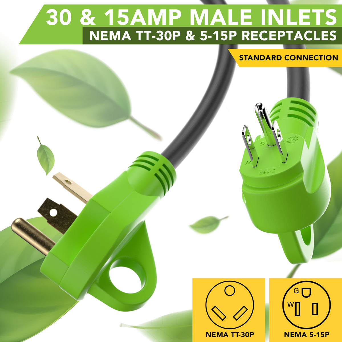 Leisure Cords 50AMP RV Y Adapter Cord 90 Degree Handle Standard NEMA 5-15P TT-30P to 14-50R 24 Inch (Green)