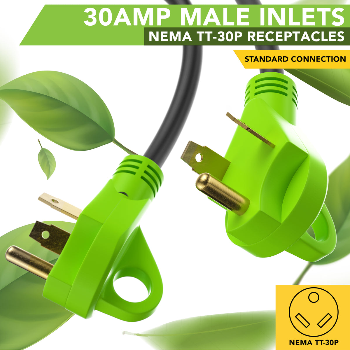 Leisure Cords 50AMP RV Y Adapter Cord 90 Degree Handle Standard NEMA TT-30P to 14-50R 24 Inch (Green)