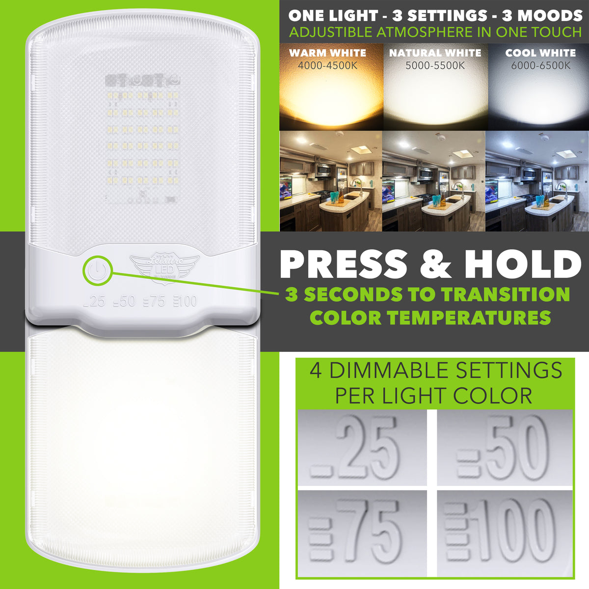 Leisure LED 12V RV LED Single Dome Light Multi-Color Touch Dimmer Switch Clear Lens 6 Inch (White)