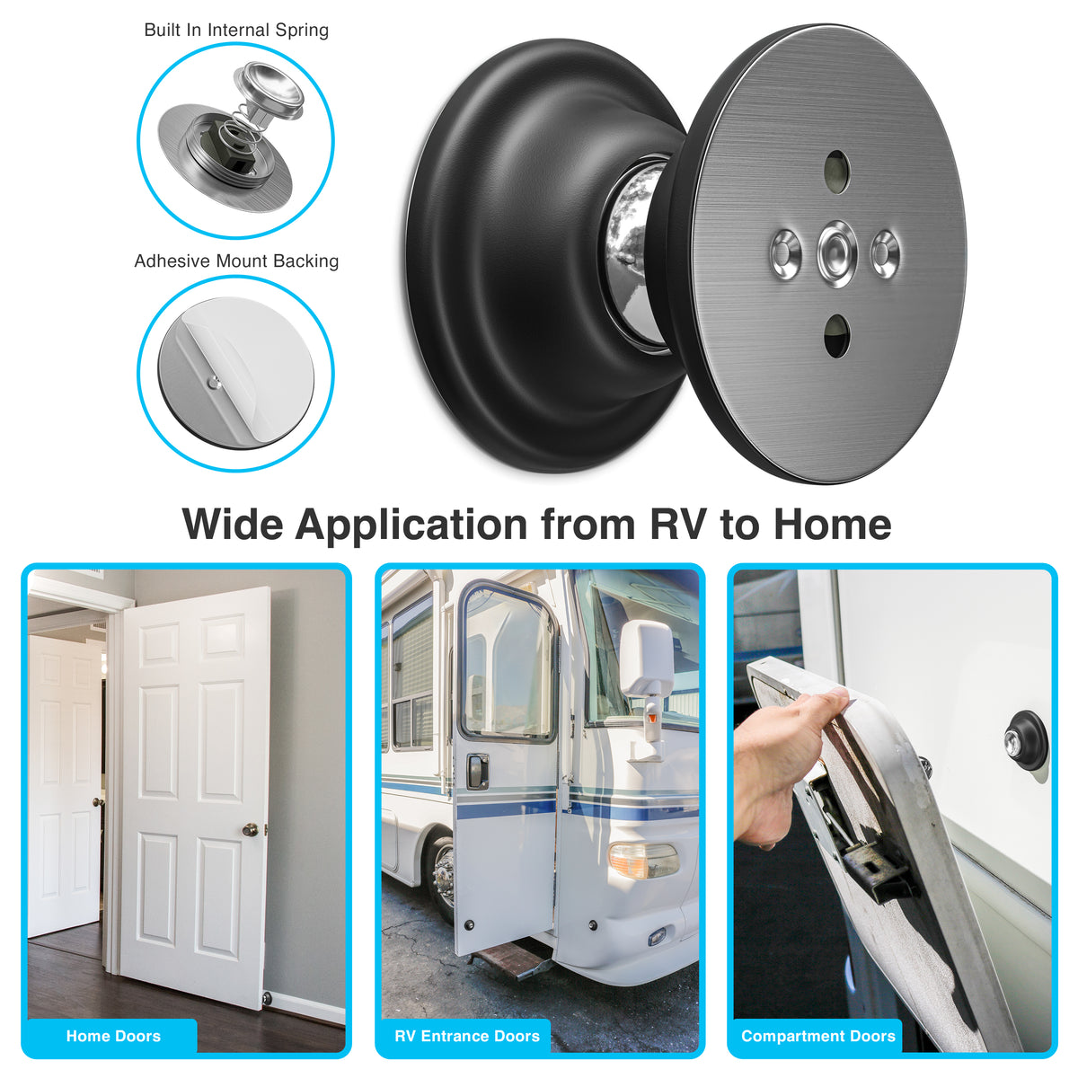 Leisure Locks RV Magnetic Door Catch and Holder Kit for Compartment Doors 1.8 Inch (Black)