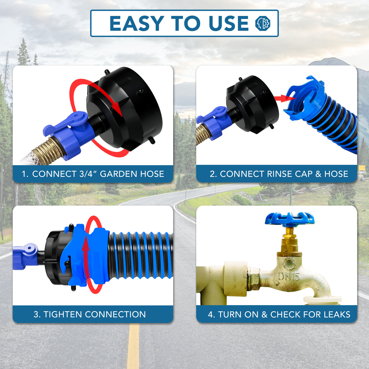 Leisure Coachworks RV Sewer Hose Rinse Cap for 3 Inch Sewer Hose with Shutoff Valve (Black)