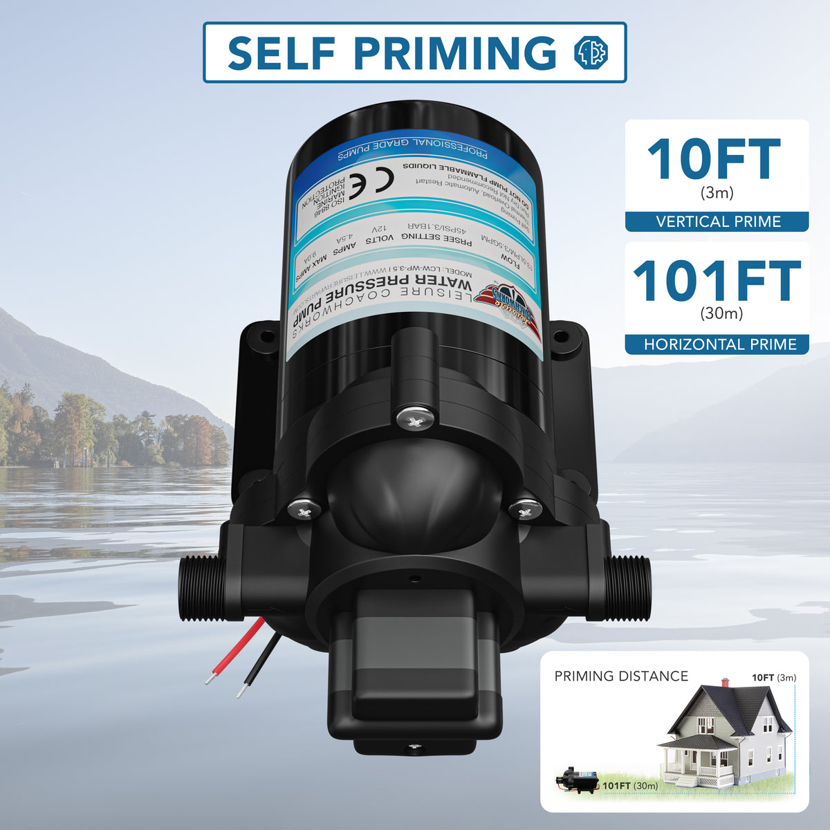 Leisure Coachworks RV Water Pump 3.5 GPM with Adapters Stainer Filter Kit (Black)