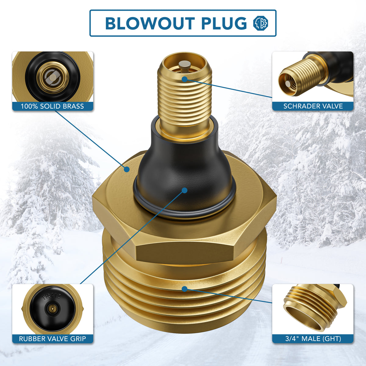 Leisure Coachworks RV Water Blow Out Plug Adapter with 3/4 Inch GHT to Schrader Valve (Brass)