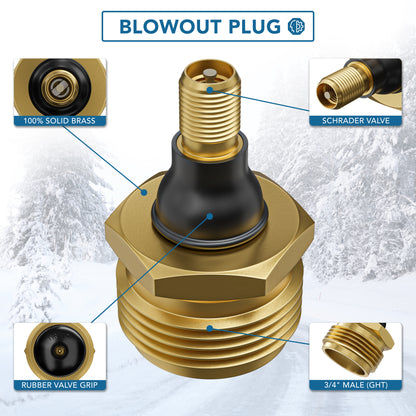 Leisure Coachworks RV Water Blow Out Plug Adapter with 3/4 Inch GHT to Schrader Valve (Brass)