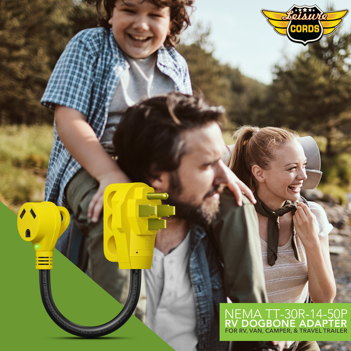 Leisure Cords 50AMP RV Dogbone Adapter Cord Standard NEMA 14-50P to TT-30R 12 Inch (Yellow)