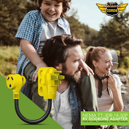 Leisure Cords 50AMP RV Dogbone Adapter Cord Standard NEMA 14-50P to TT-30R 12 Inch (Yellow)