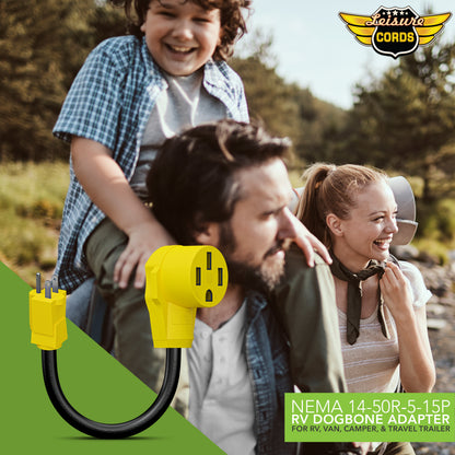 Leisure Cords 50AMP RV Dogbone Adapter Cord Standard NEMA 5-15P to 14-50R 12 Inch (Yellow)