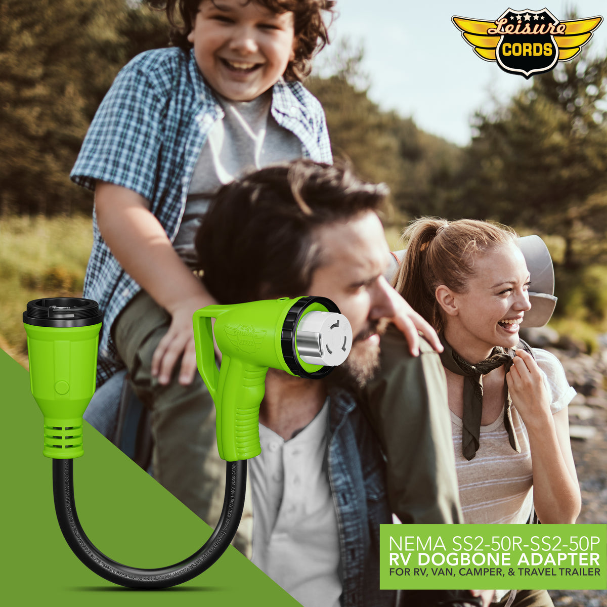 Leisure Cords 50AMP RV Dogbone Adapter Cord 90 Degree Handles Twist Locking Coupler NEMA SS2-50P to SS2-50R 12 Inch (Green)