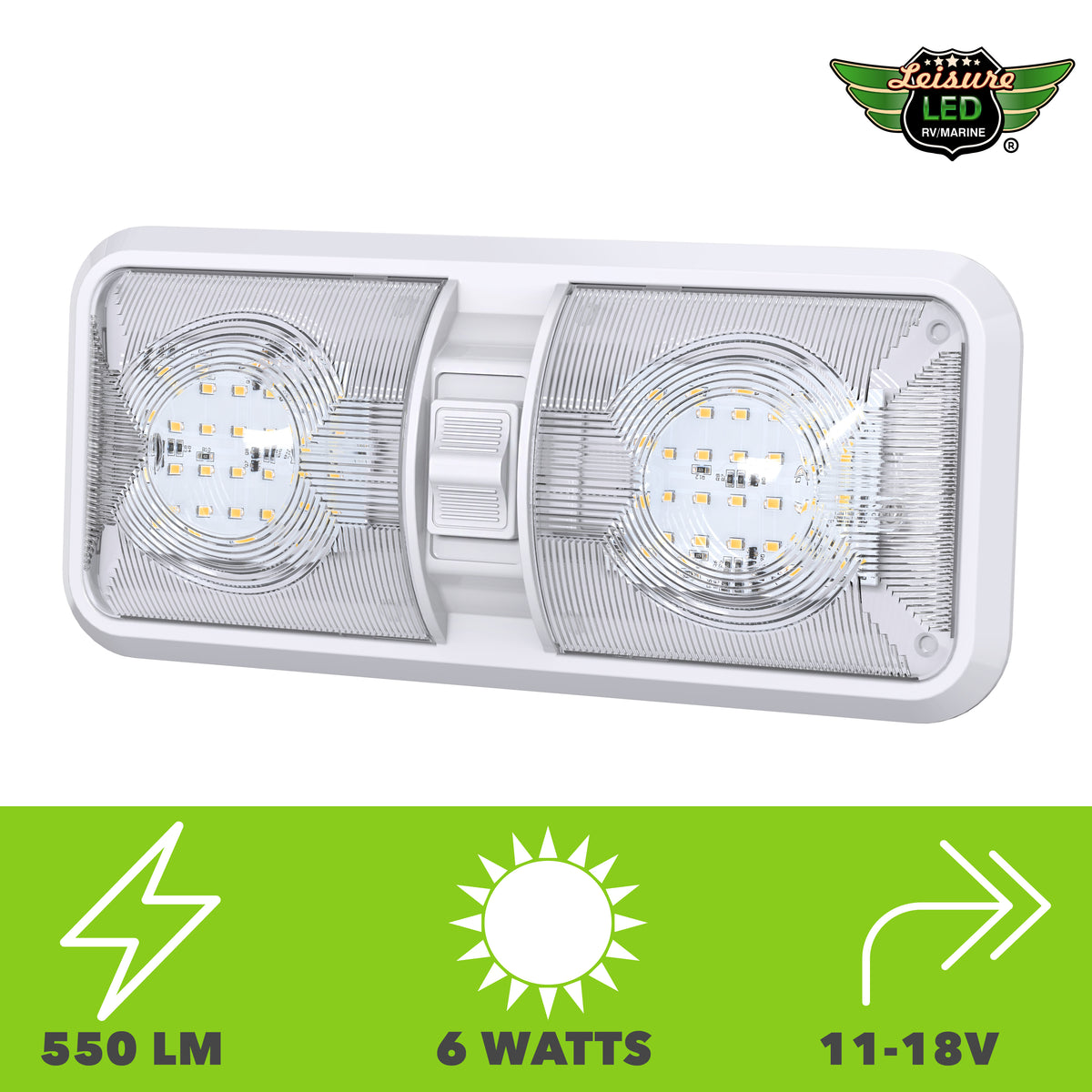 Leisure LED 12V RV LED Double Dome Light Natural White On Off Switch Clear Lens 11 Inch (White)
