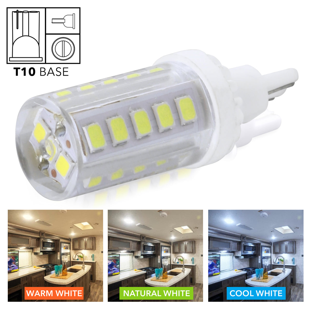 Leisure LED 12V RV Interior LED T10 Bulb Light Replacement Cool White for Ceiling Dome Light 450 Lumen 1.88 Inch (White)
