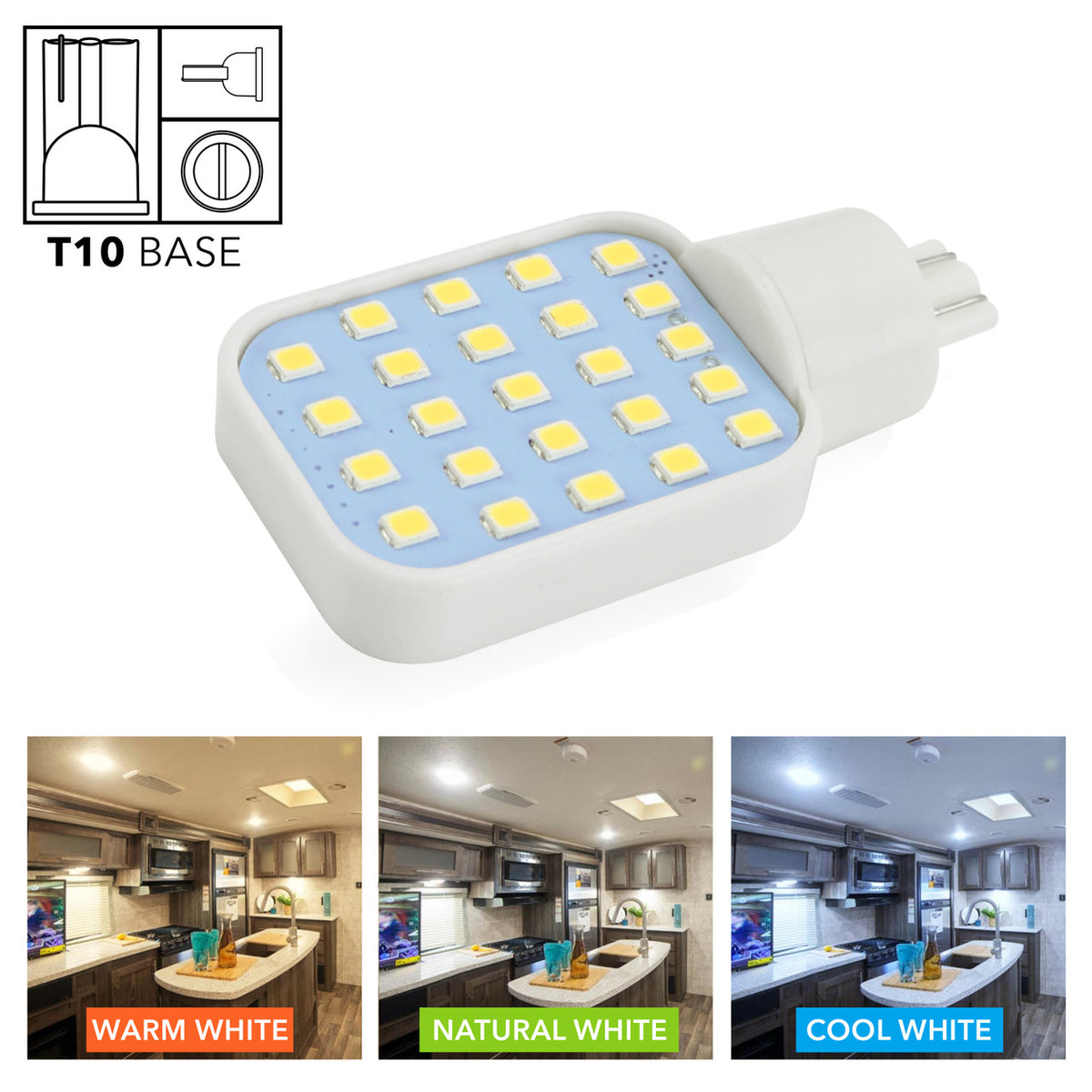 Leisure LED 2 Pack Rotating Super Bright 300 Lumen T10 921 Wedge RV Interior LED Light 24-SMD Camper Trailer Lamp Bulb 10-24V Natural White 2