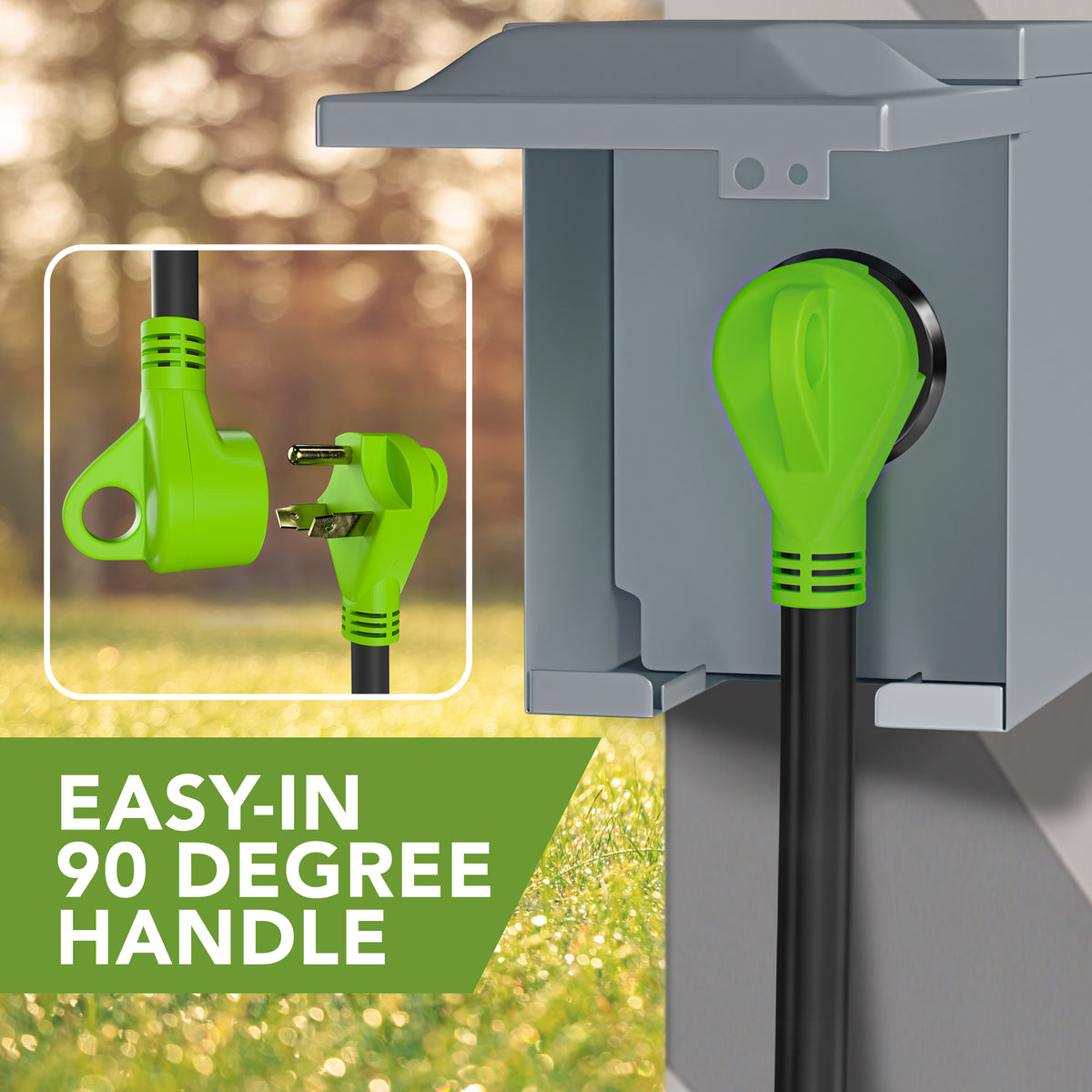 Leisure Cords 30AMP RV Y Adapter Cord 90 Degree Handle Standard NEMA TT-30P to TT-30R 24 Inch (Green)