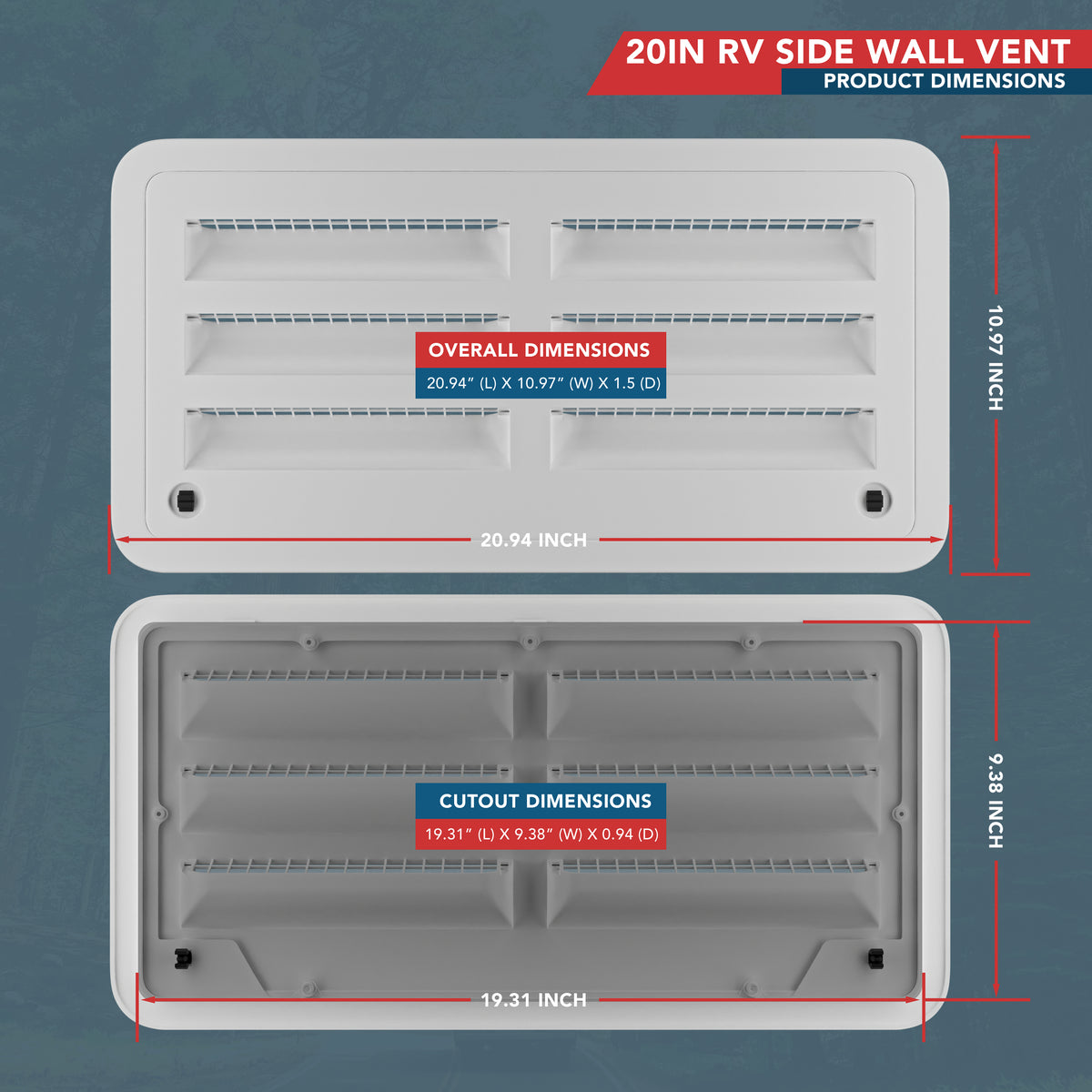 Leisure Coachworks RV Refrigerator Upper Lower Side Wall Vent Replacement 20 Inch with Mesh Bug Screens (White)