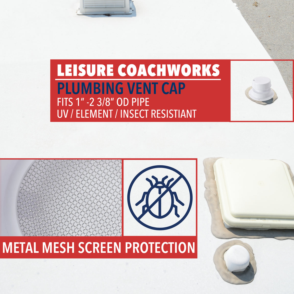 Leisure Coachworks RV Plumbing Roof Vent Cap Replacement for 1 Inch to 2.38 Inch Sewer Vent Cap (White)