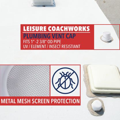 Leisure Coachworks RV Plumbing Roof Vent Cap Replacement for 1 Inch to 2.38 Inch Sewer Vent Cap (White)